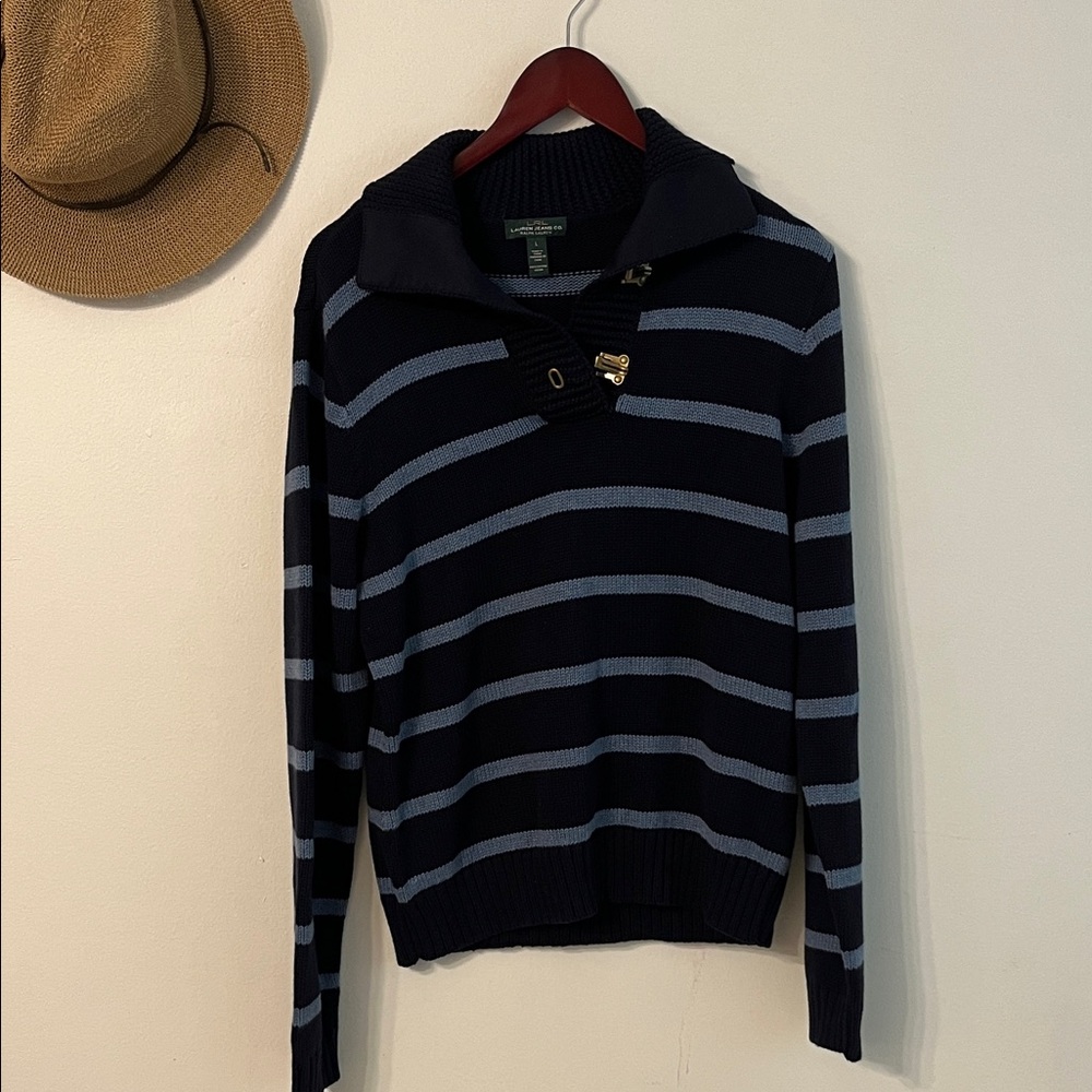 Lauren Ralph Lauren Navy & Light Blue Striped Shawl-Collar Zip Sweater